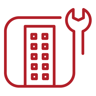 Icon of a building within a rectangle with a spanner next to it